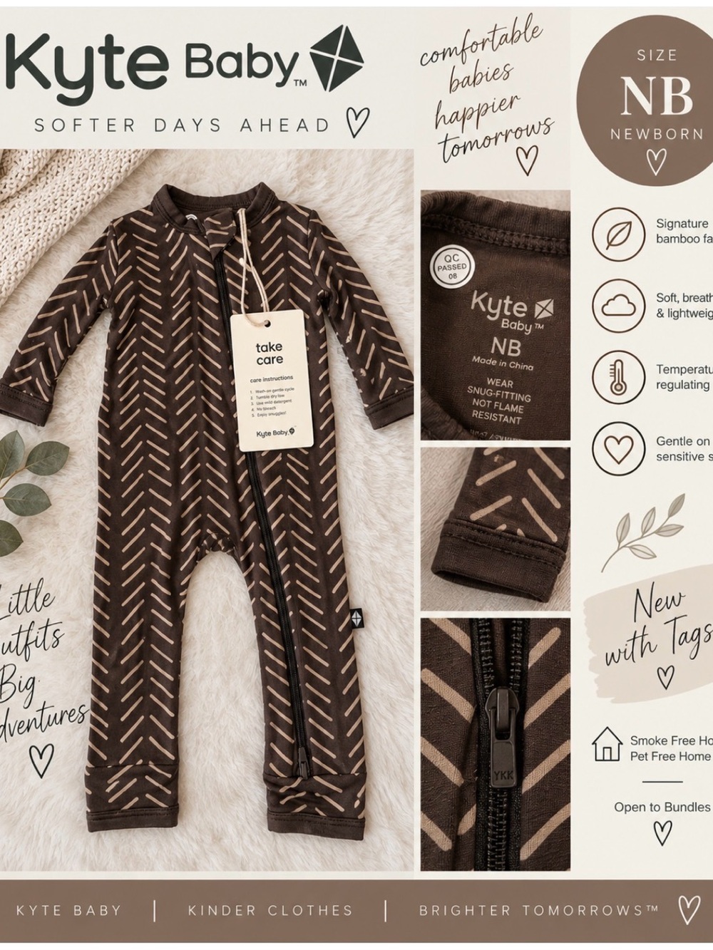 Kyte Baby Newborn Zipper Romper – Herringbone – NWT 🤎